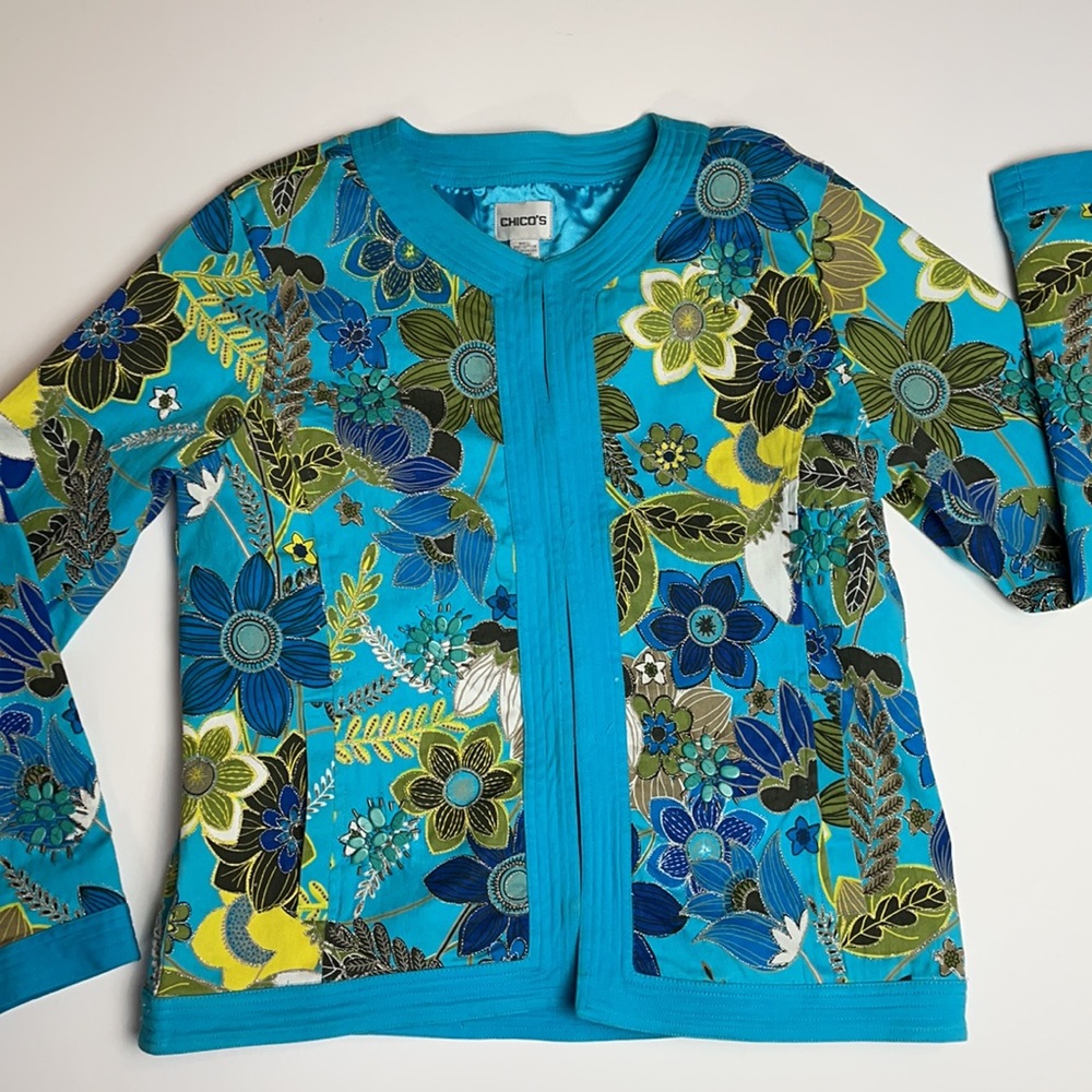 Chico’s Beaded Floral Jacket Blue Size 1 (Small)